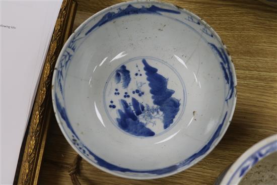 A 19th century Chinese blue and white punch bowl, Diameter 35cm. and three other bowls (a.f.)